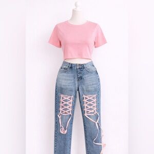 Y2k pink lace up distressed denim
